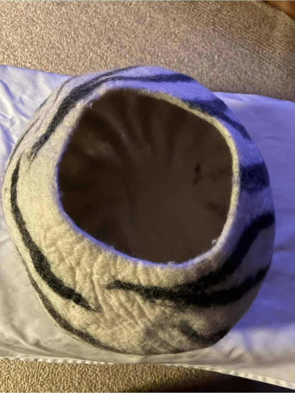 Plush Felted Cave Bed for Dogs - White & Gray Stripes Dog/  toy NoT Included :)